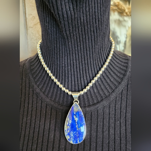 Sterling Silver SIGNED Lapis Pendant, And High Shine Sterling Necklace Set - Picture 6 of 17